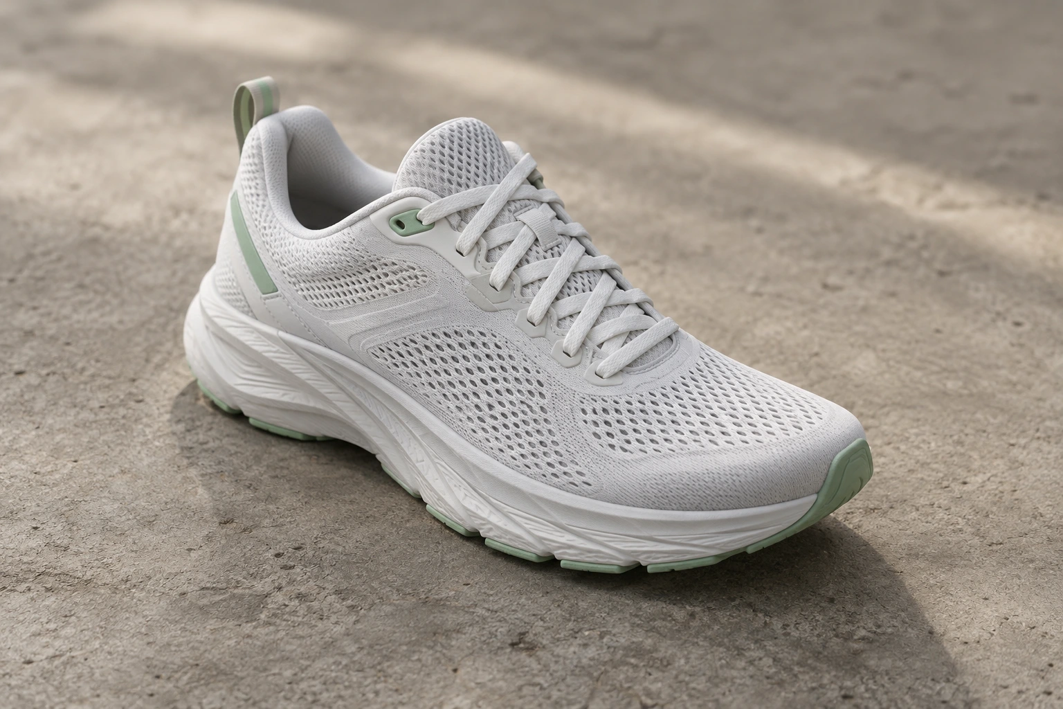 KI-generiertes Produktfoto: Sneaker auf Beton im Tageslicht