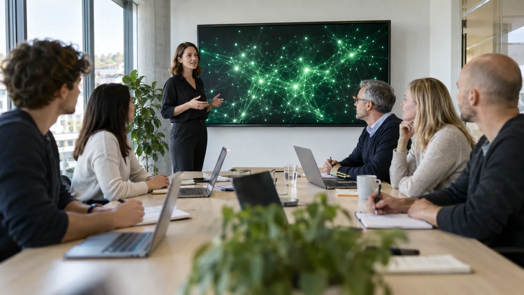 KI-generiert: Team im Büro bei einer Live-Online-KI-Schulung für Mitarbeiter